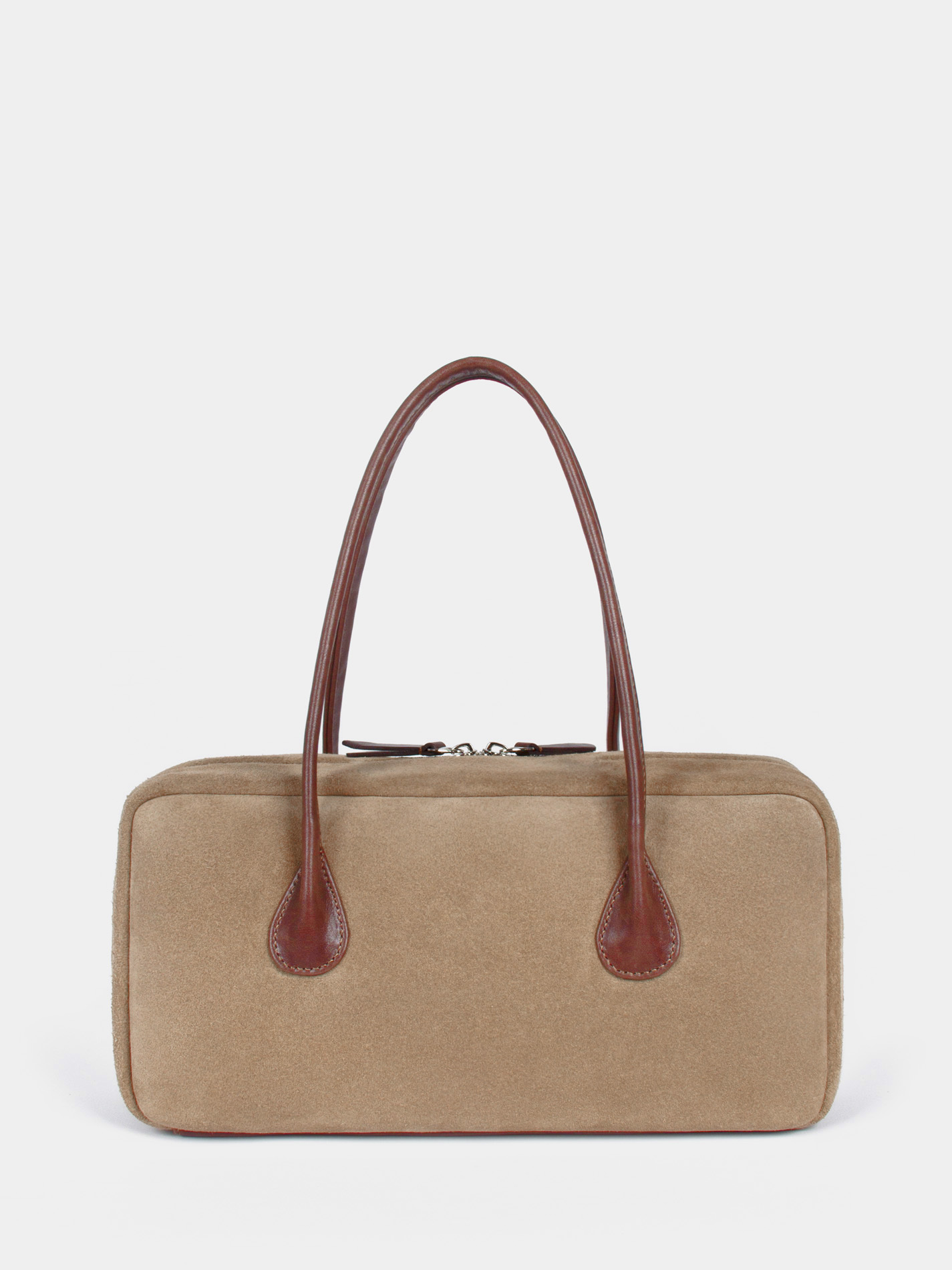 Сумка-багет из натуральной замши Замшевая сумка-багет цвета тауп в комбинации с коричневой кожей