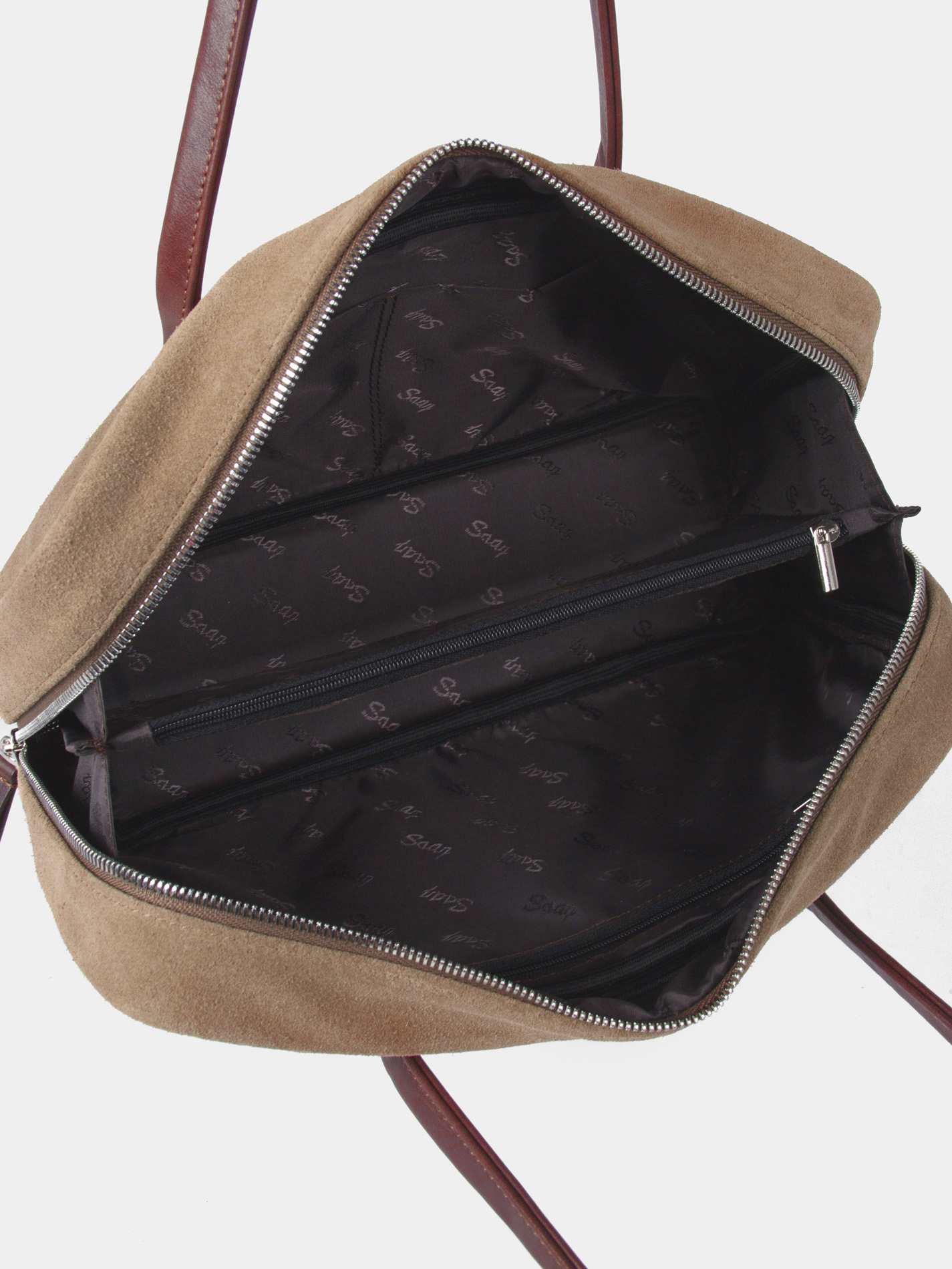 Сумка-багет из натуральной замши Замшевая сумка-багет цвета тауп в комбинации с коричневой кожей