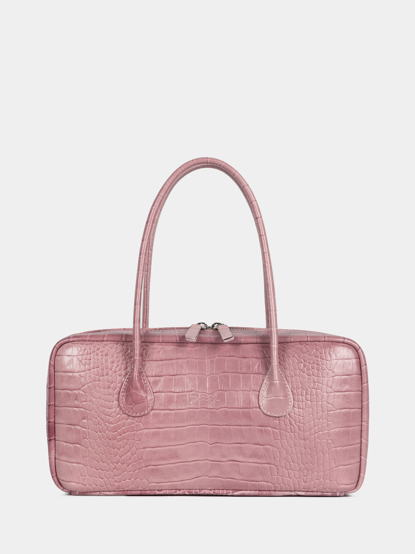 Кожаная сумка-багет розового цвета с тиснением под крокодила